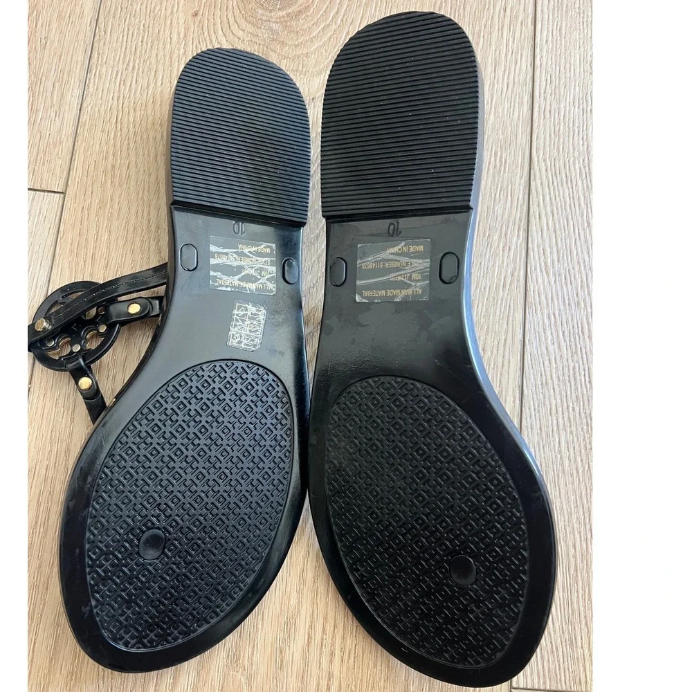 Tory Burch Mini Miller Jelly Thong Sandals Black Gold Logo   Womens 10M